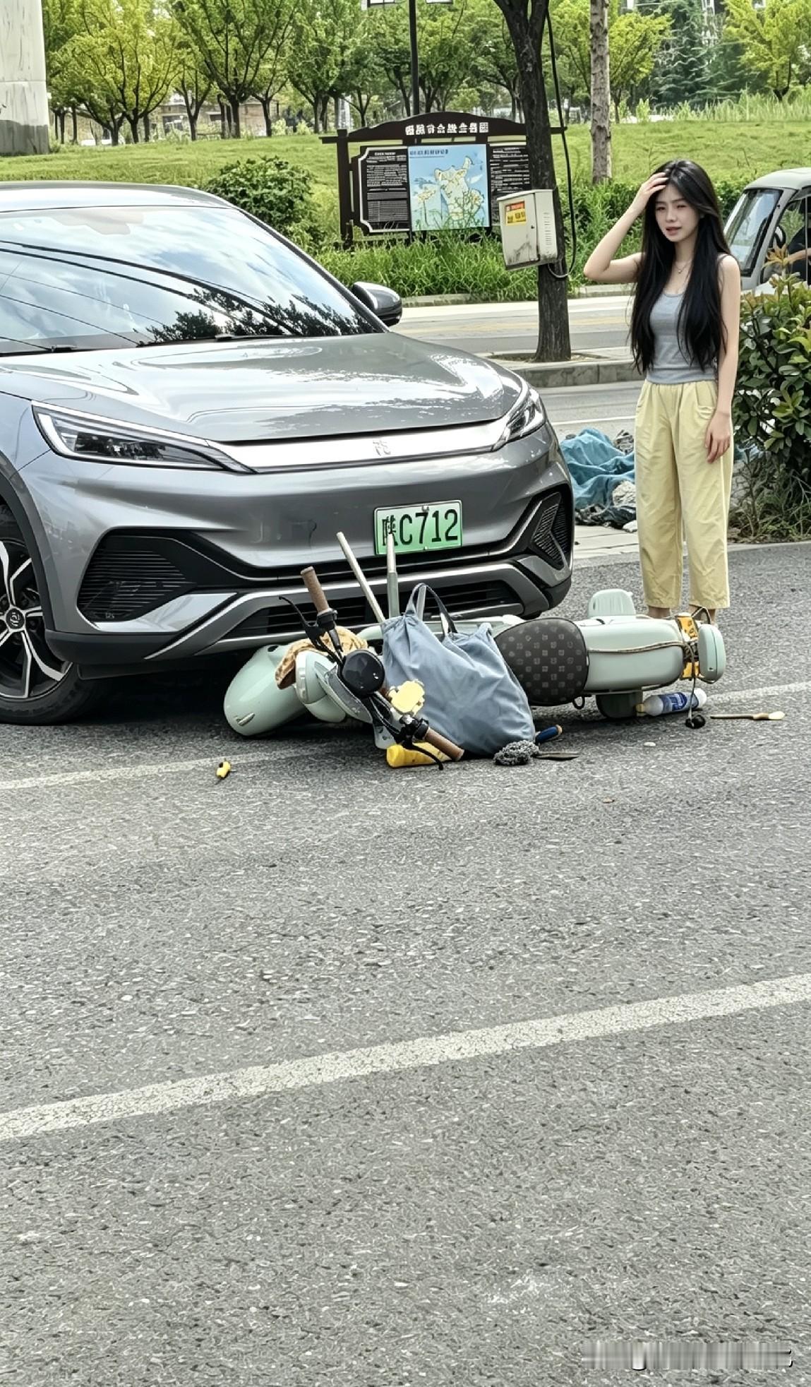电动车倒地一片狼藉，女车主不吵不闹，一通电话处理事故，围观者直呼学不会一辆灰