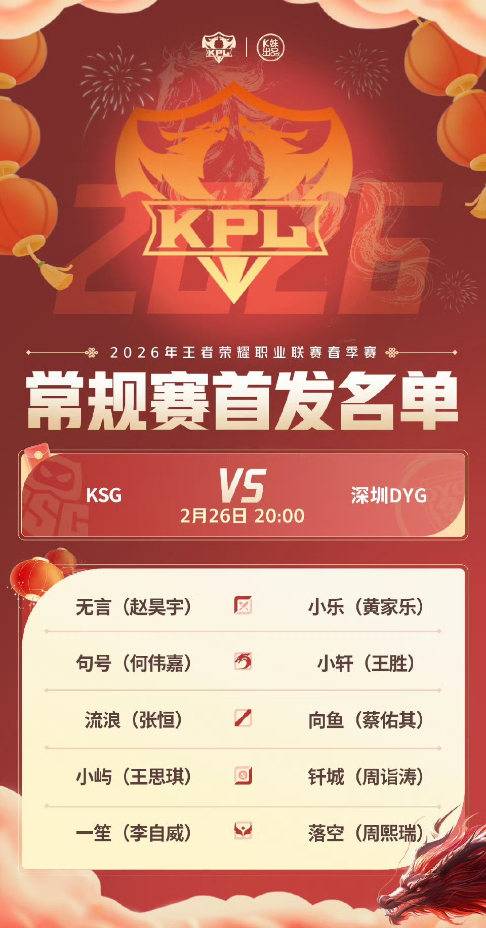 2026KPL春季赛今日首发名单无言重回首发