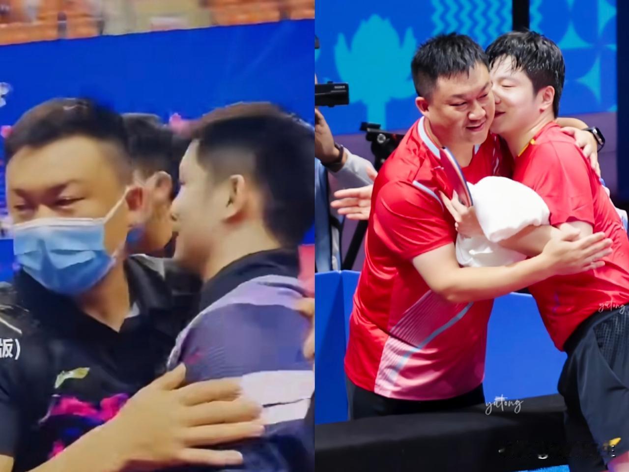 樊振东全运会单打颁奖时，是牵着上海队教练手，上台领奖台唯一的乒乓球员！樊