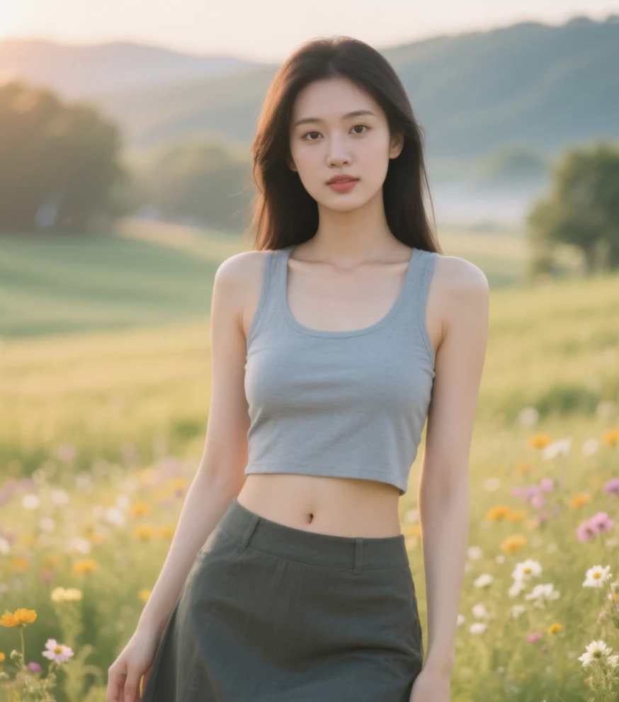 花海中的亚洲美女，在晨光中展现清新气质