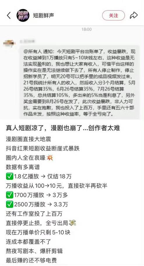 一万收看收益只有5到10元，短剧市场也完蛋了。长剧短剧全线崩盘，横店开机剧组暴跌