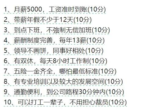 达到70分就别辞职1、月薪5000，工资准时到账(10分)2、带薪年假不