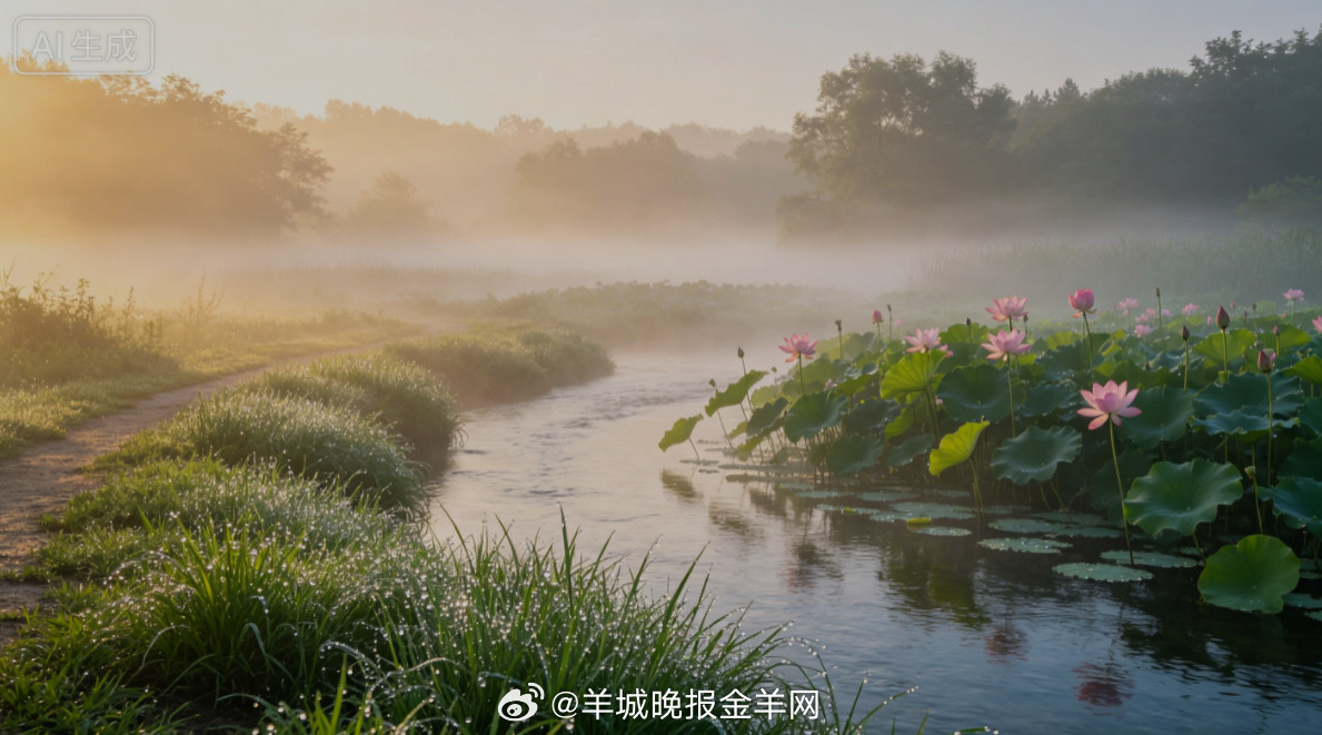 #早安#盛夏拂晓，轻薄晨雾漫过蜿蜒小溪，溪间野荷亭亭舒展，青草缀满剔透露珠。沿