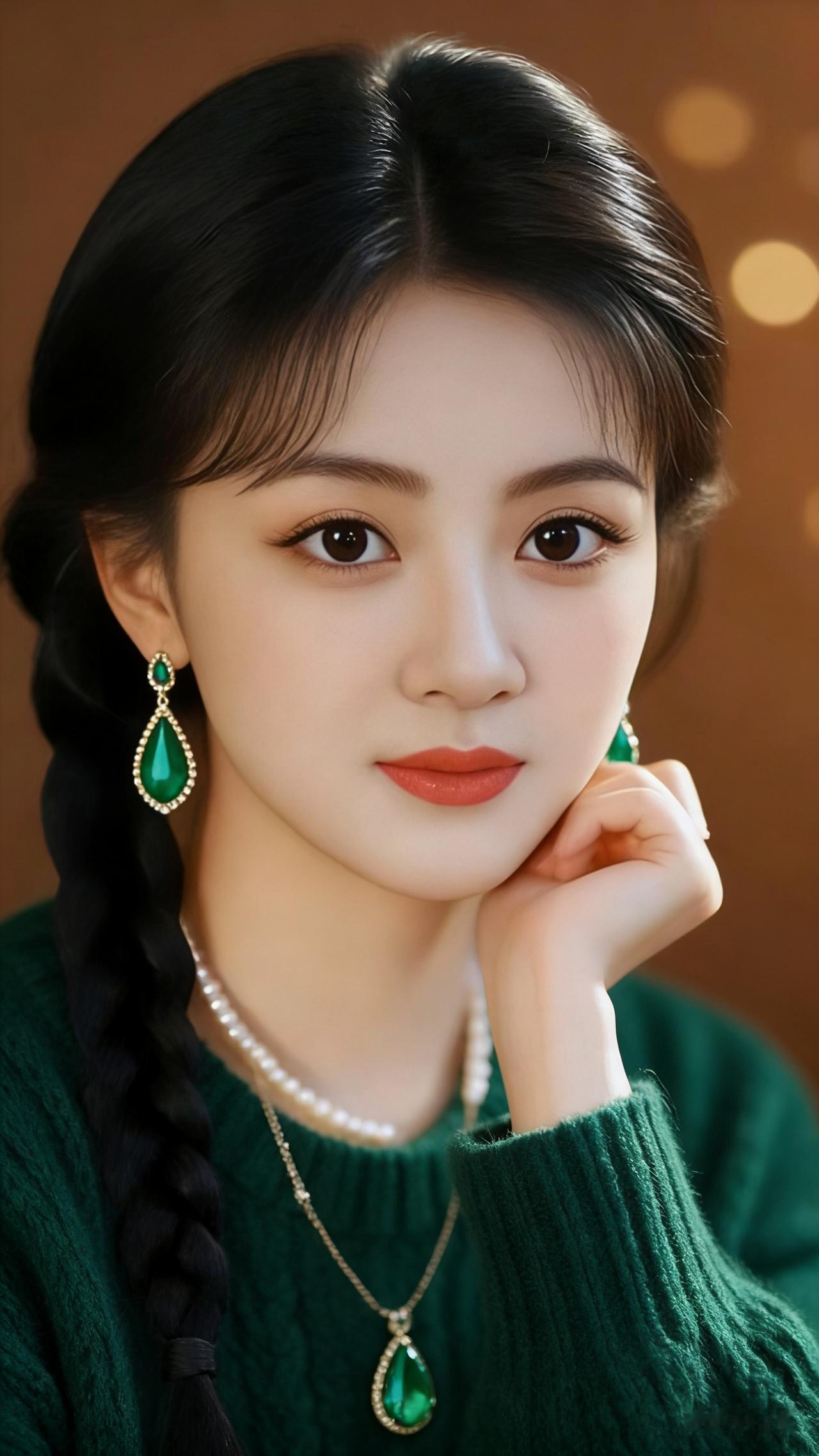绿色毛衣搭配宝石项链，优雅气质扑面而来，不过最美的还是美女的精致面容！