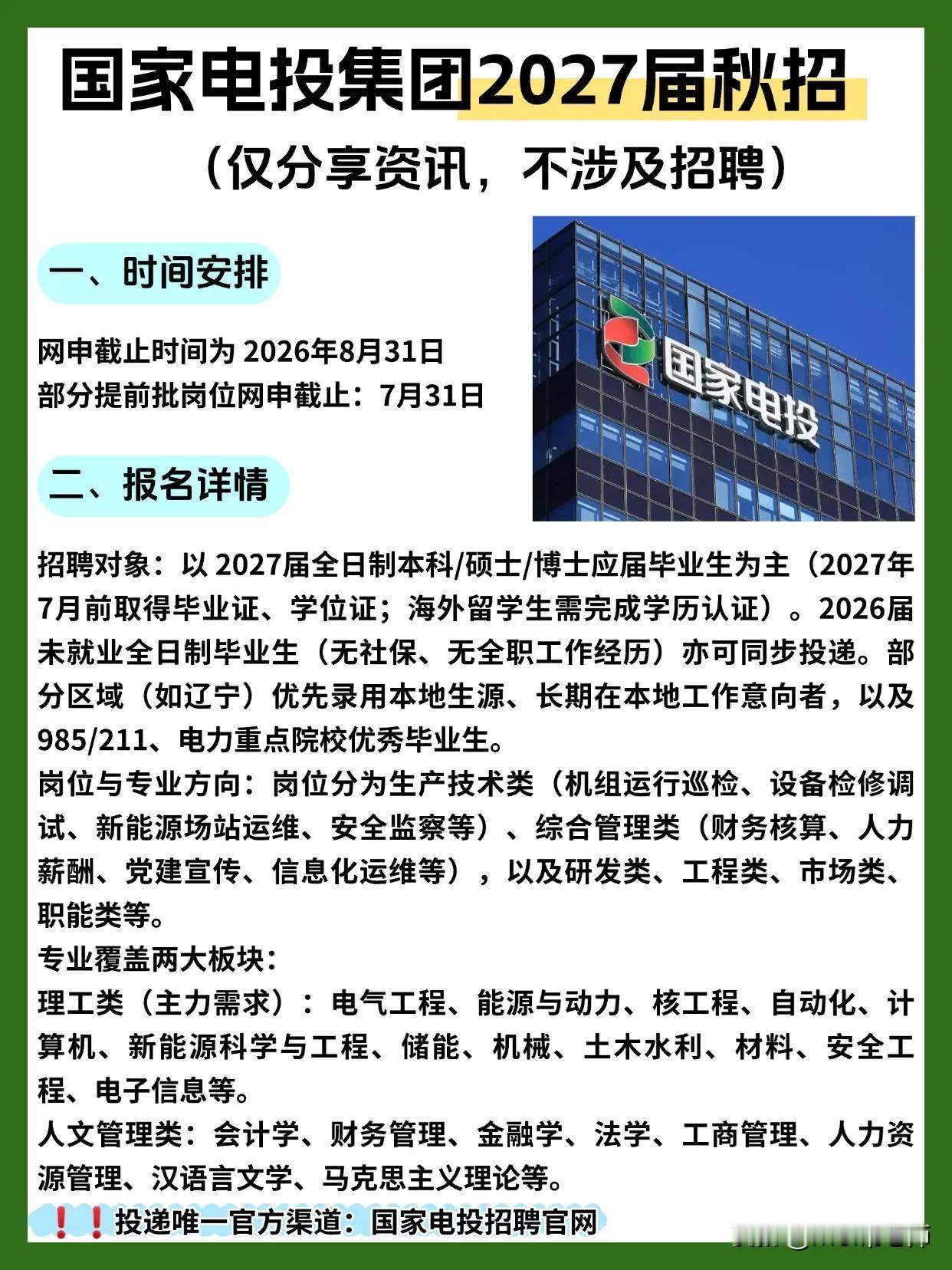 同学们，国家电投集团2027届秋招已经拉开帷幕，这不是演习，是实打实的央企招聘通