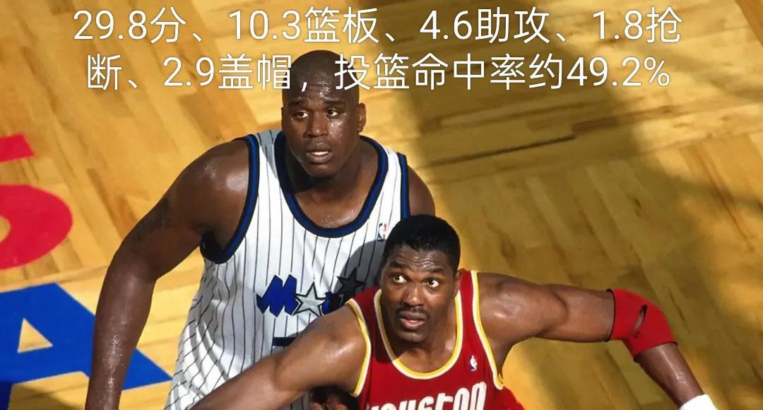 大梦奥拉朱旺两连冠期间，场均29.8分+10.3篮板+4.6助攻+1.8抢断+2