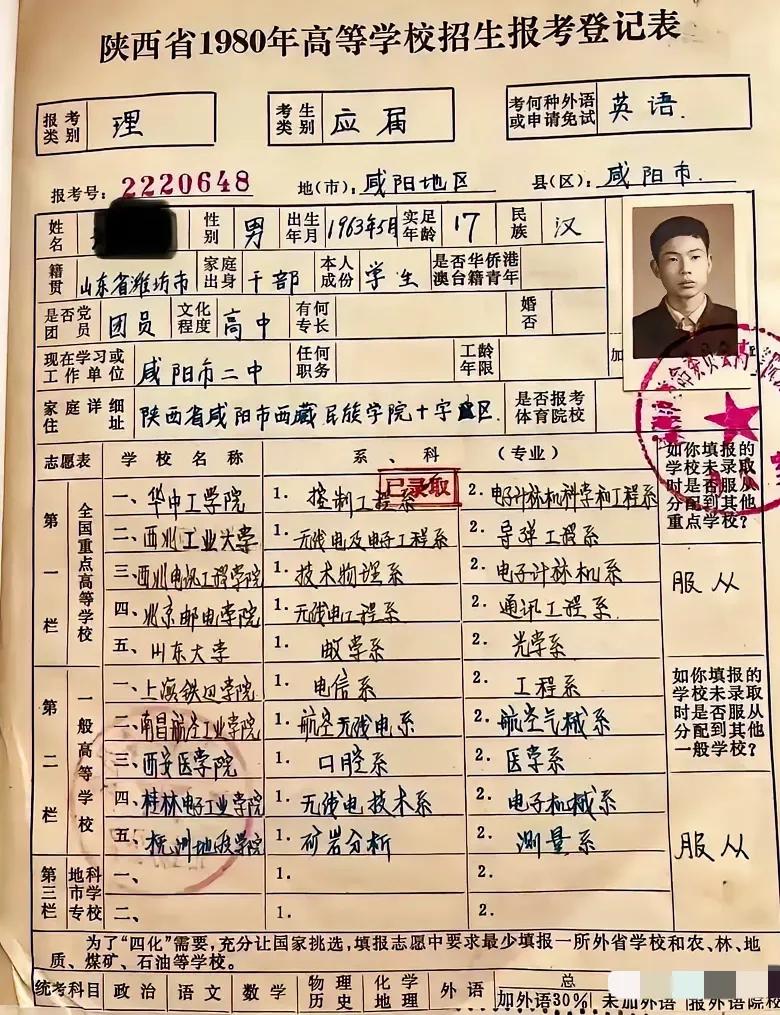 一份1980年的高等学校招生报考登记表，可让那个年代没参加过高考的人开了眼界了！