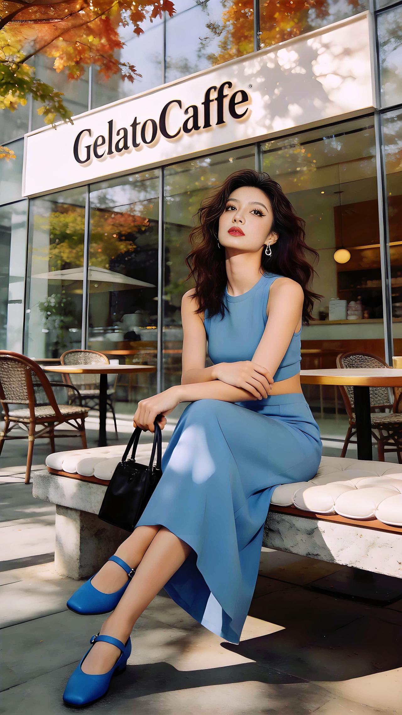 蓝裙倩影，啡馆漫时光