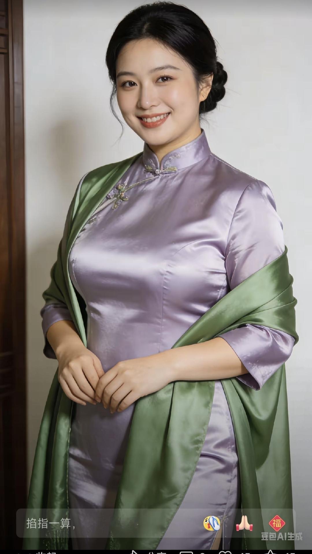 山坡羊·紫旗袍佳人紫袍香妙，绿披柔绕，宛如春彩糖光耀。韵层娇，色融陶，