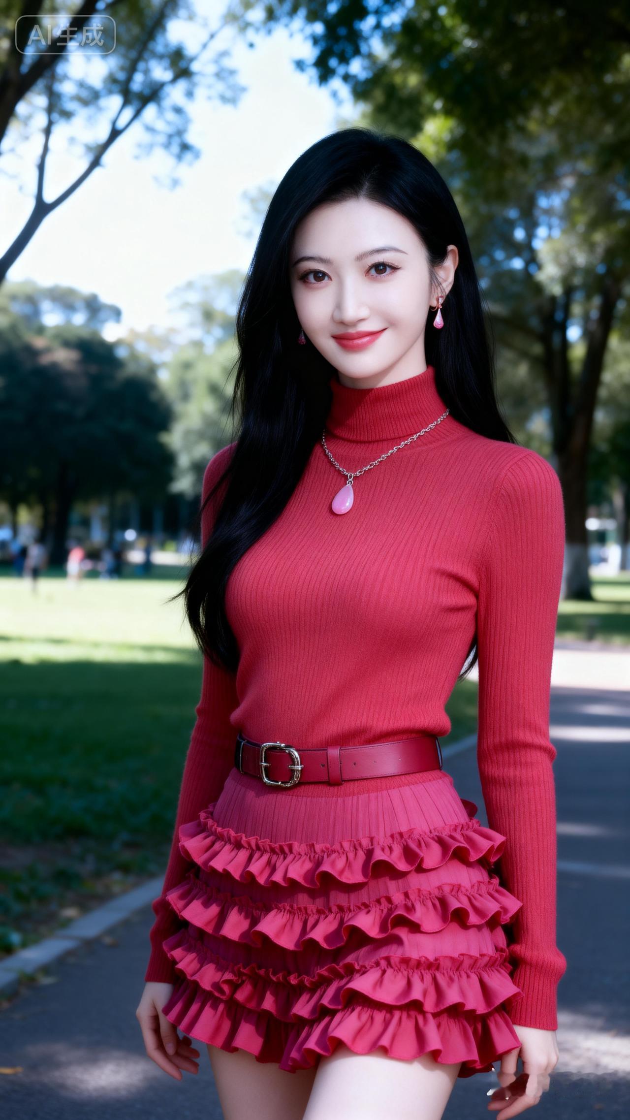 甜美少女风穿搭，粉色耳环和项链搭配红色毛衣和百褶裙，元气满满！💖👗👠