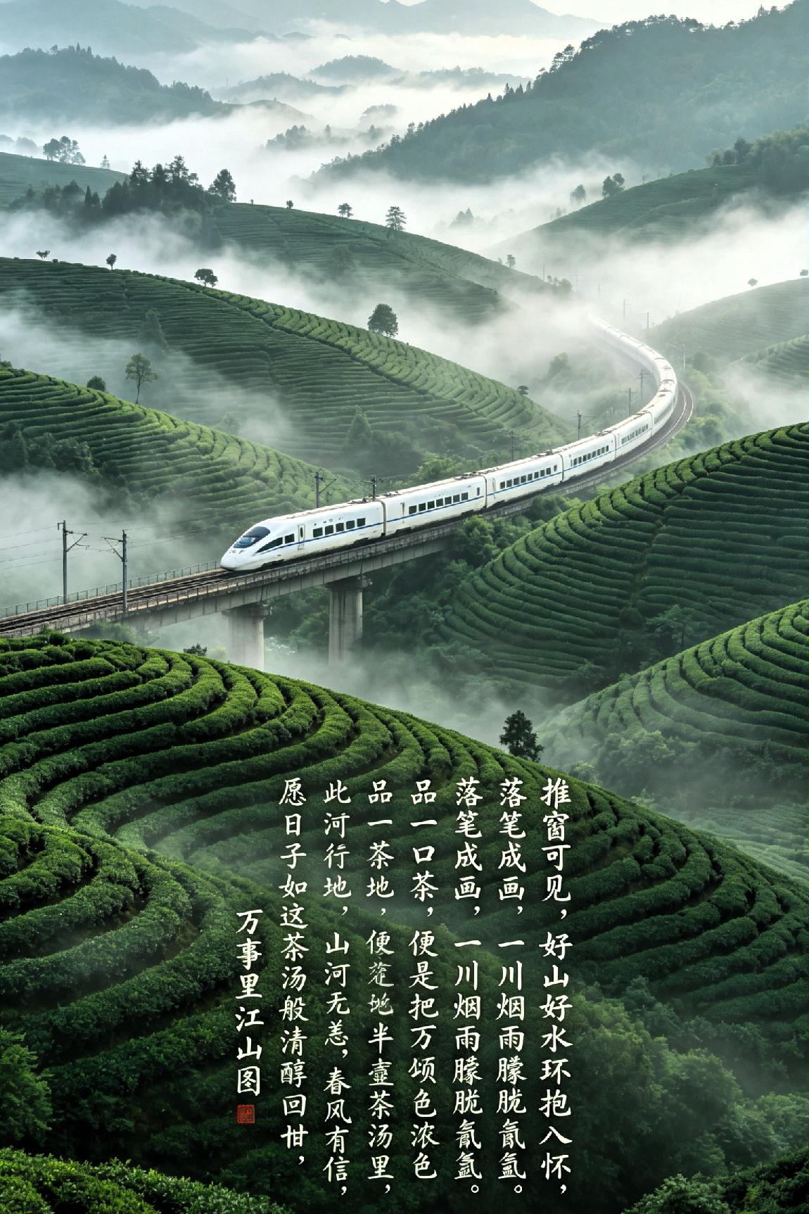 七律·千里江山叠嶂层峦锁晓烟，平芜碧水接遥天。长车穿雾巡青嶂，嘉树凝