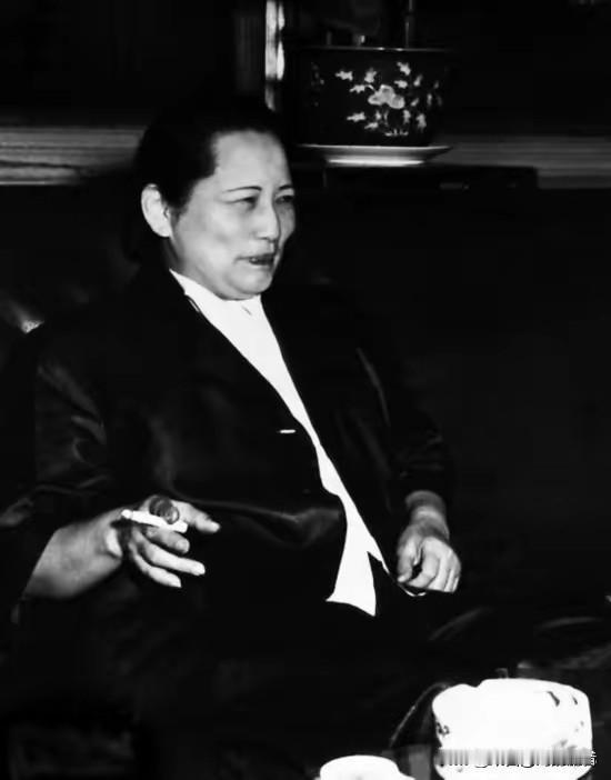 1959年，宋庆龄会见比利时王太后伊丽莎白。两人面对面坐着，手里都夹着烟。这