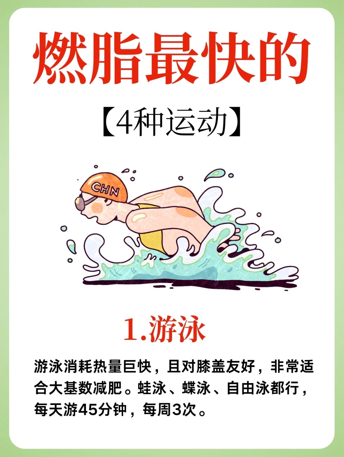“燃脂最快的4种运动”2.游泳游泳消耗热量巨快，且对膝盖友好，非常适合大基数减肥