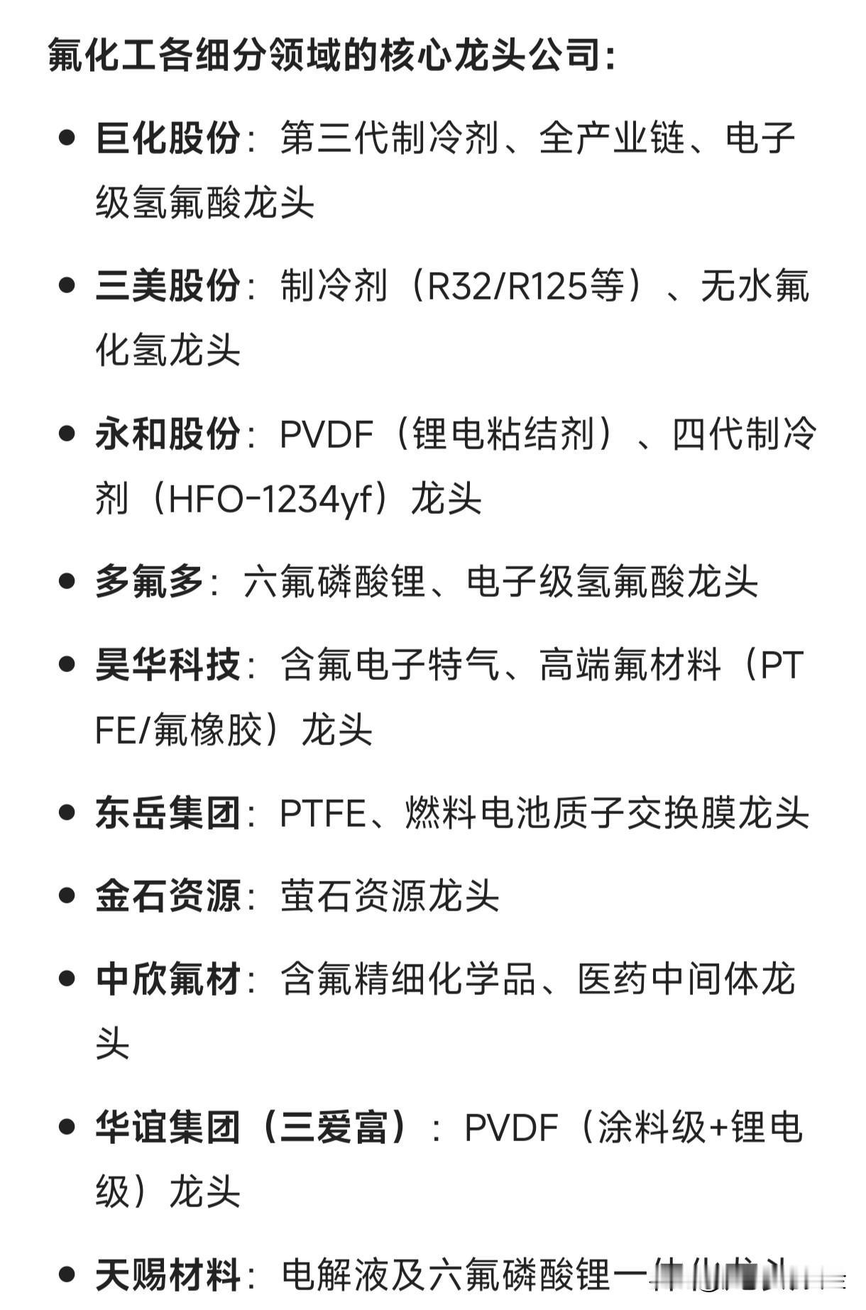 氟化工各细分领域的核心龙头公司：巨化股份：第三代制冷剂、全产业链、电子级氢氟