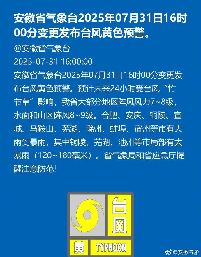 【#安徽变更发布台风黄色预警#：9市有大到暴雨，3市局部大暴雨】7月31日16时