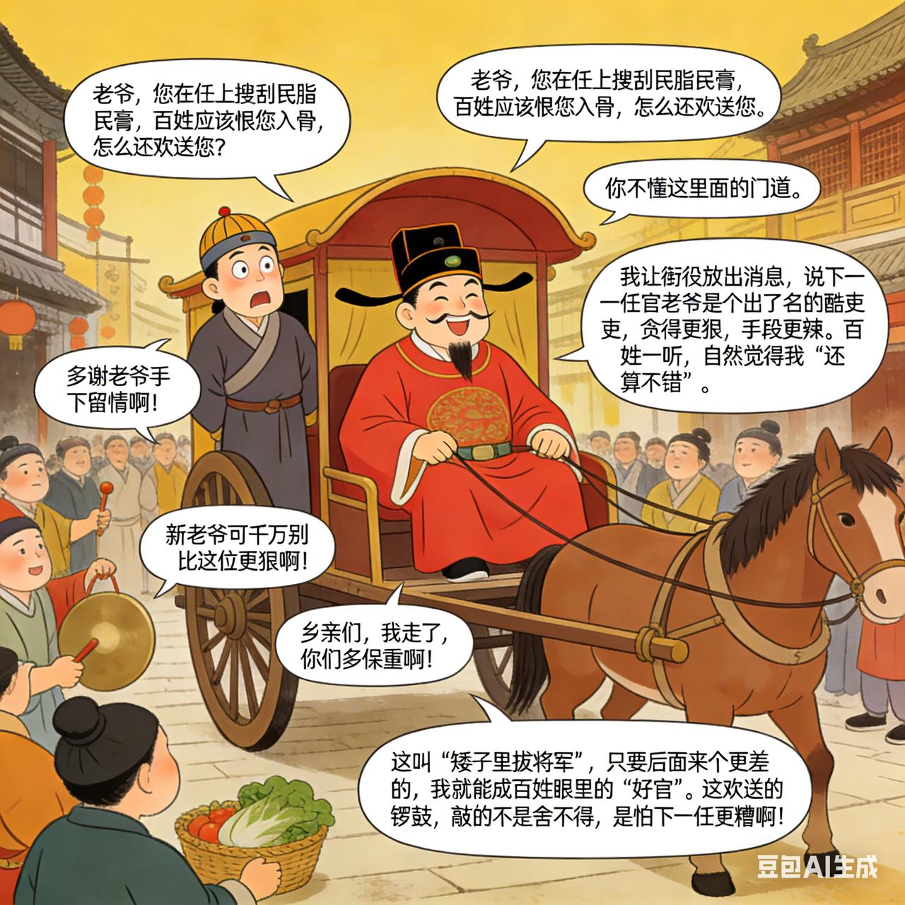 古代贪官搞笑段子有个贪官卸任离境，百姓敲锣打鼓欢送。师爷不解：“老爷，您