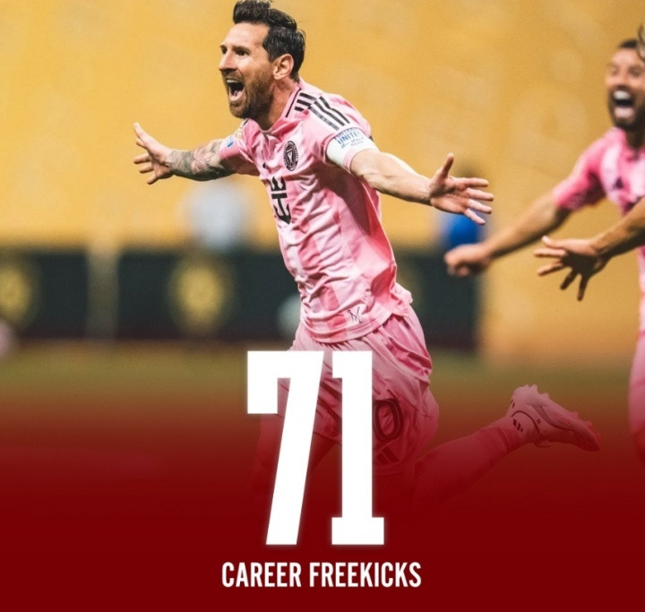 #梅西任意球数独享历史第二#美职联第5轮，迈阿密国际3-2客胜纽约城。梅西本场任