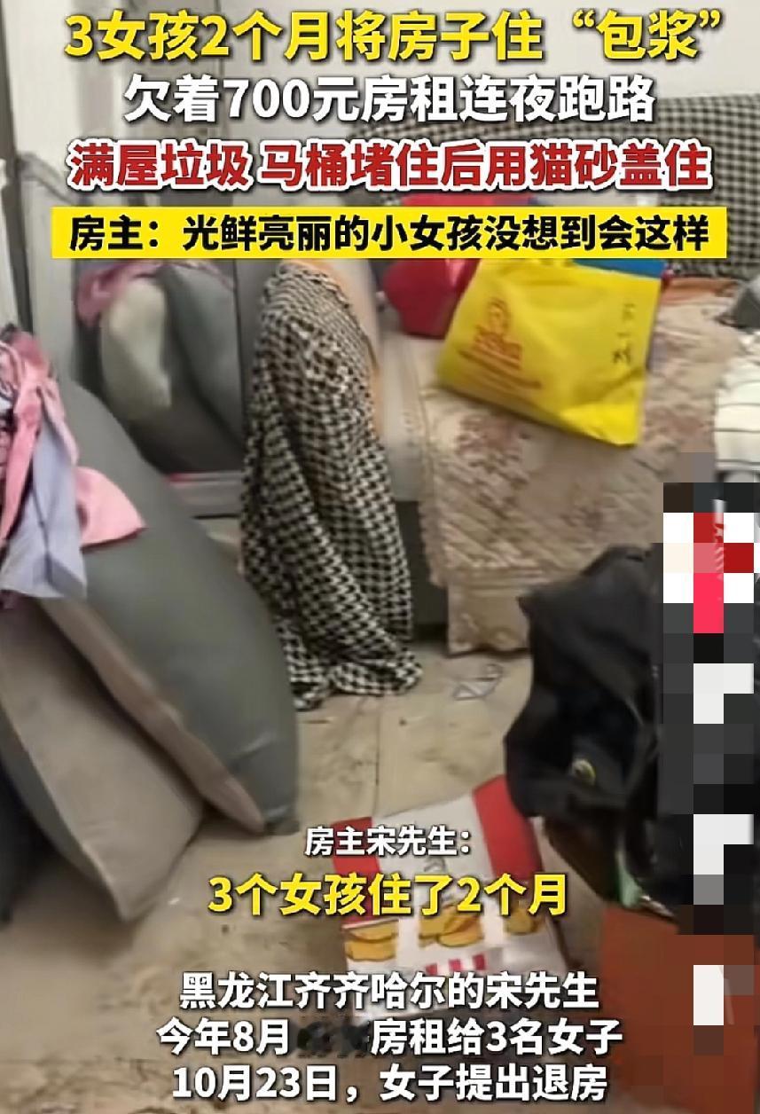 3女孩2个月将房子住“包浆”后退房，马桶堵住用猫砂盖住，黑龙江那三个姑娘的操
