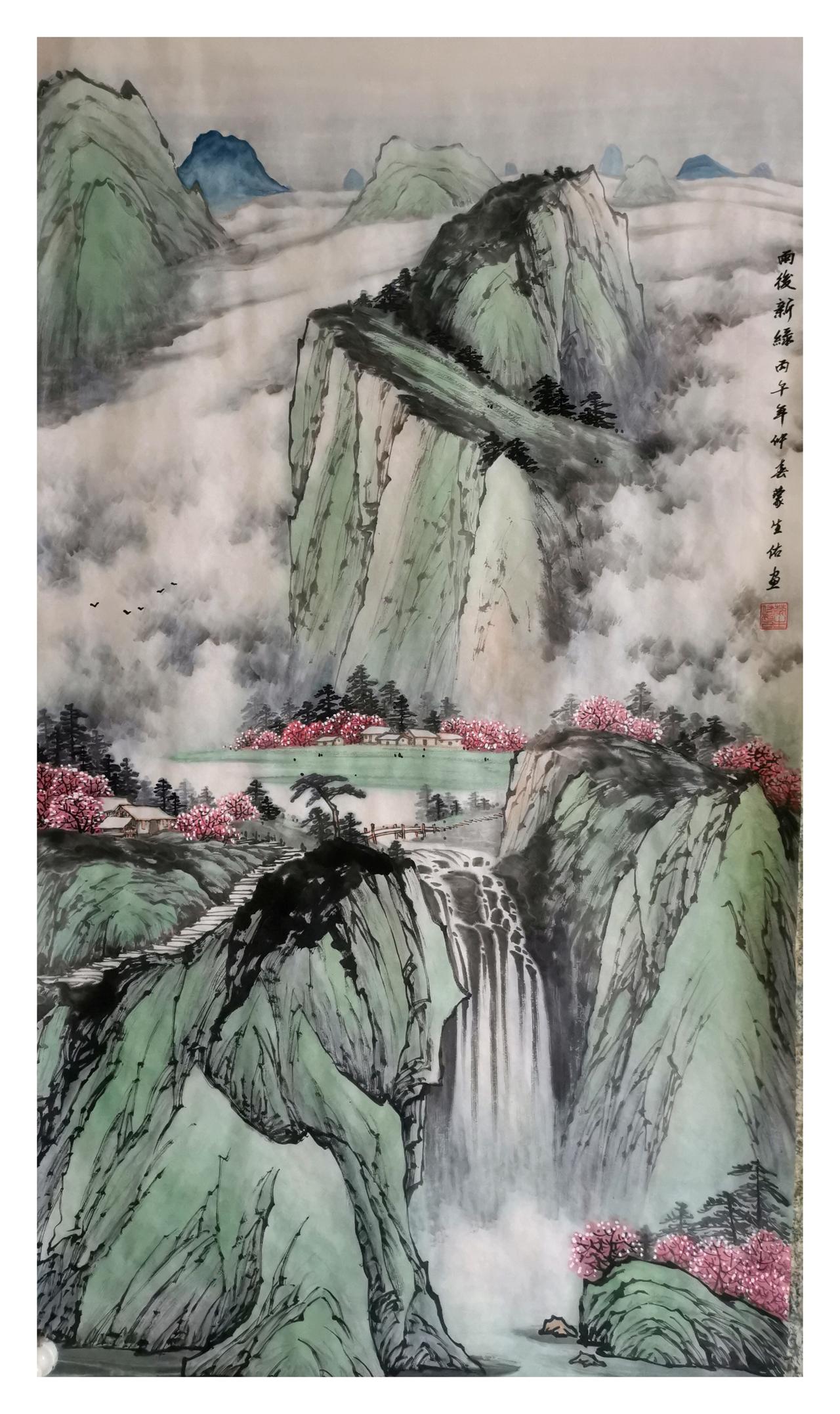 中国山水画（原创）作品欣赏：山水画尺寸：四尺（138x68）纸本生宣《雨後新