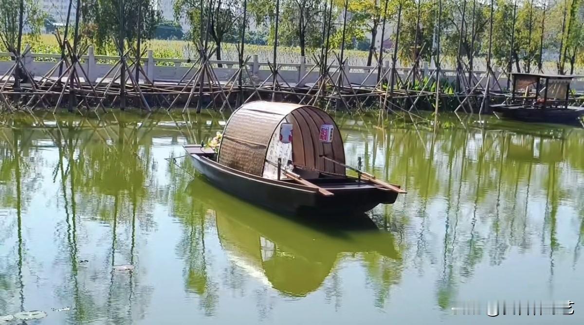 今年冬天的不同竹篷船浮在碧绿水间，棕褐篷身浸着柔波，岸边竹架与树影晕在涟漪里。风