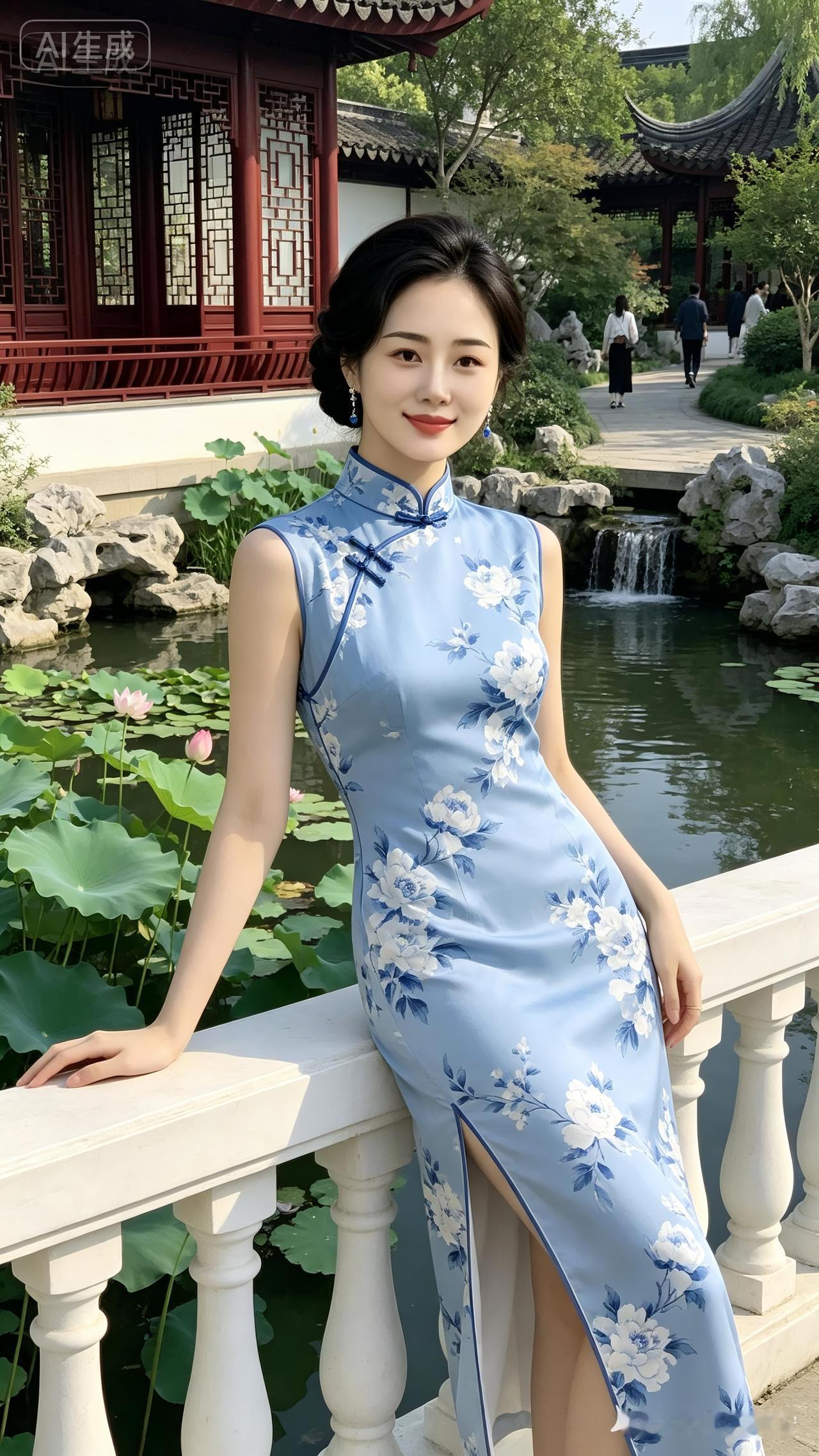 穿着旗袍的姑娘靠在栏杆上，风景很美。