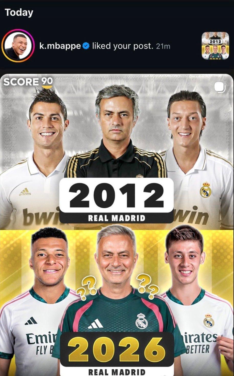 我晕，姆巴佩还真的点赞“穆里尼奥时隔14年将要重新执教皇马”的推文。很明显，皇马