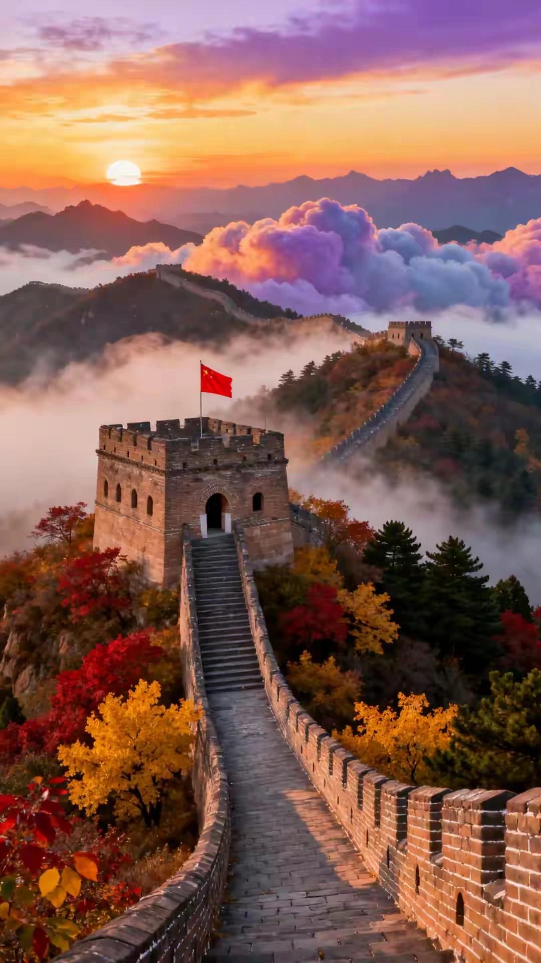 人间最美是金秋，长城巍峨更锦绣。层林尽染彩霞飘，五彩斑斓岁月稠。