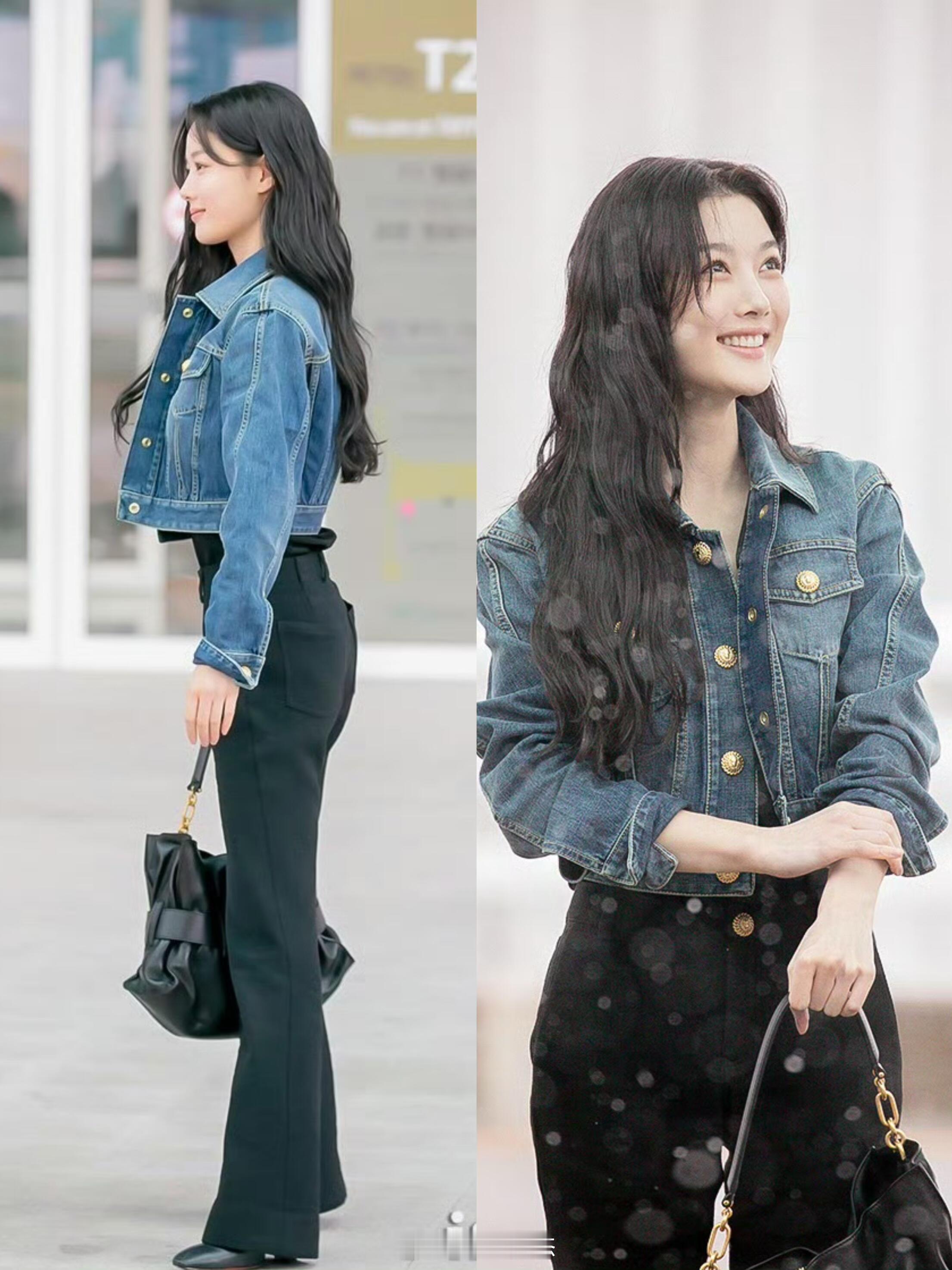 金裕贞韩剧般机场这场雪下的刚刚好牛仔外套搭配靴子...