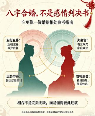 八字合婚姻缘感悟国学民俗很多人对合婚有很深的误区。以为合婚就是一张判决书，合就相守一生，不合就要分开