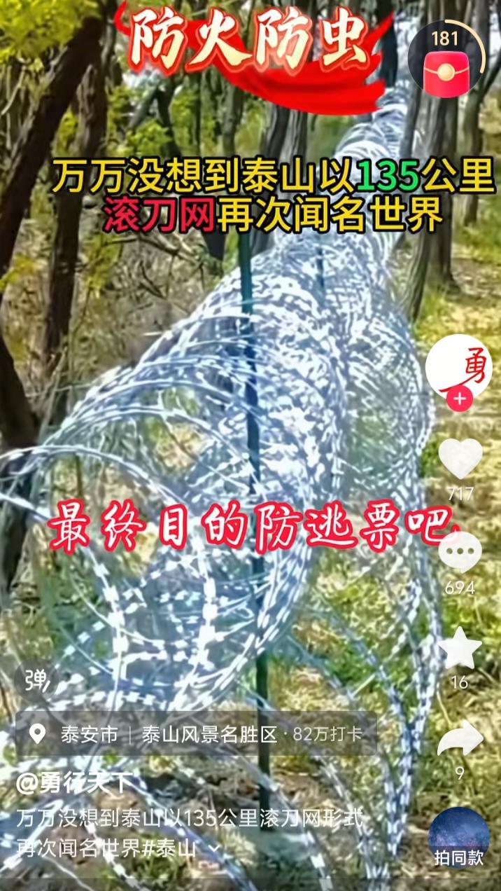 泰山被荧光闪闪的刀片网圈起来了，上了热搜。这真是匪夷所思的举动，我相信管理方这样