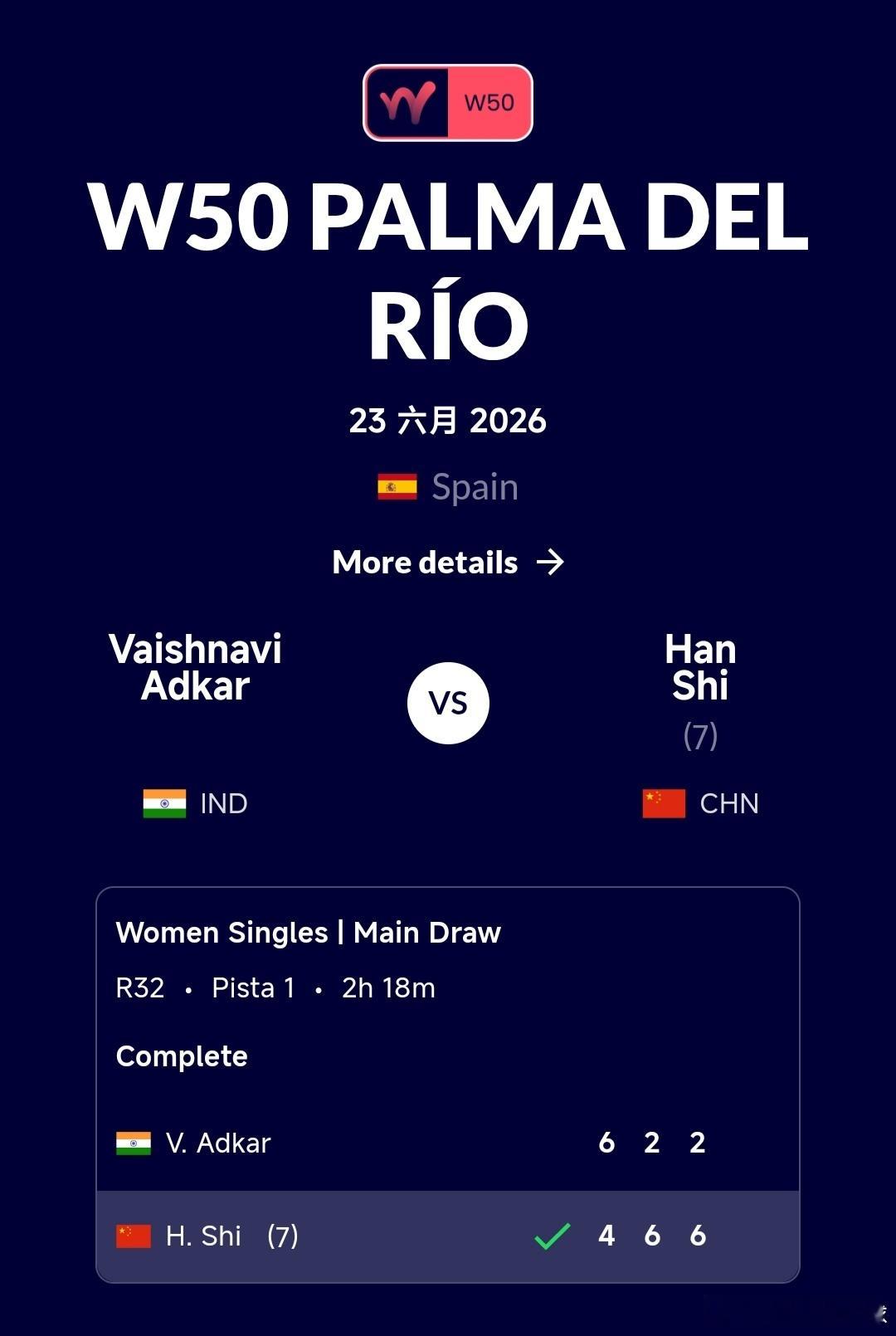 W50滨河帕尔马站🇪🇸女单第1轮3号种子田方然🇨🇳6-0/6-2战胜汤普