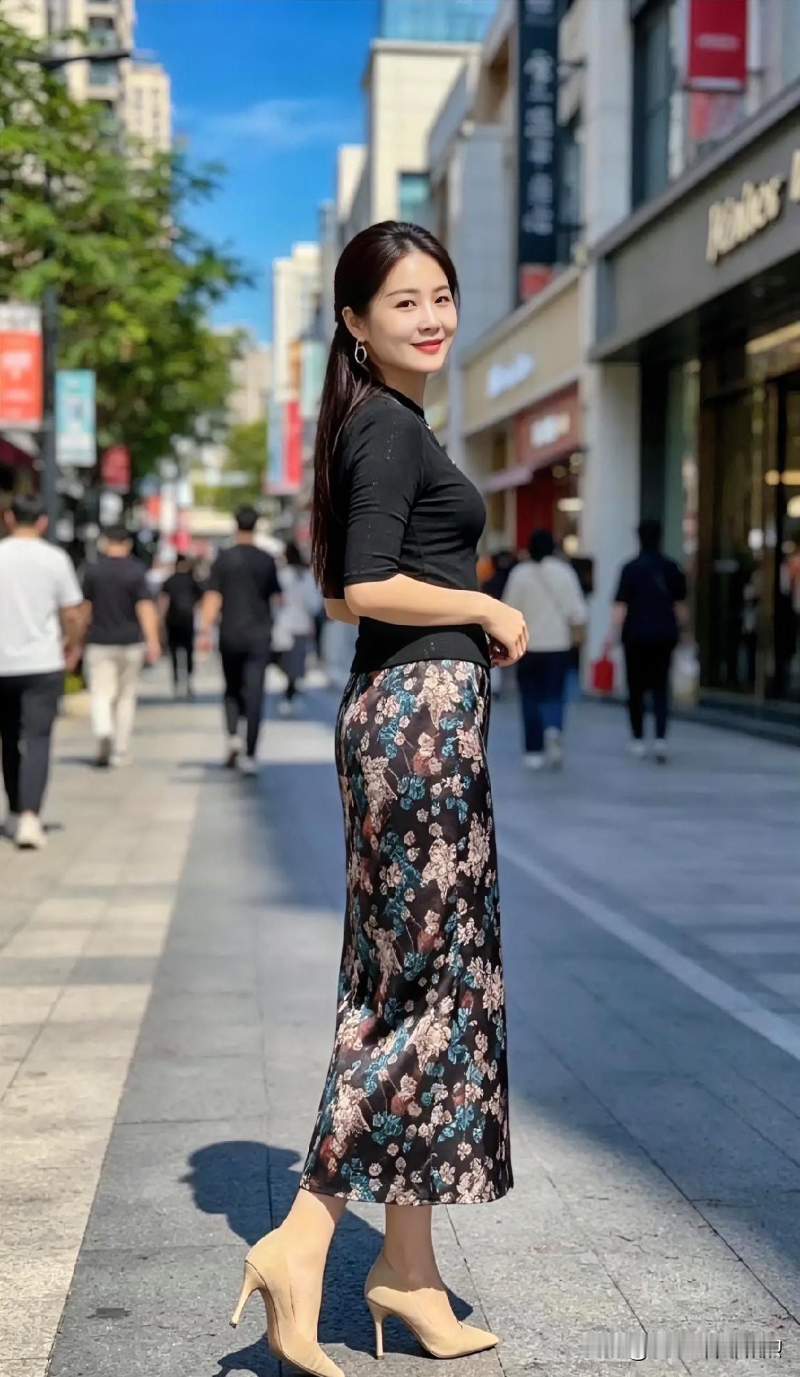 黑上衣配印花长裙，街拍姿态轻盈，都市暖阳下尽显优雅风情。