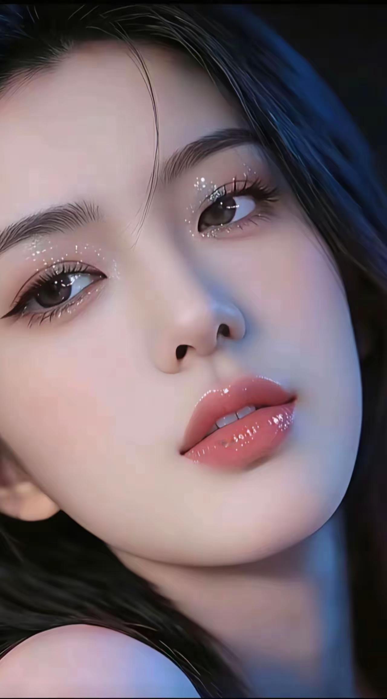 她那闪闪发光的眼眸，仿佛藏着星辰大海，唇红如火，恰似天边绚烂的晚霞，真如画中仙子