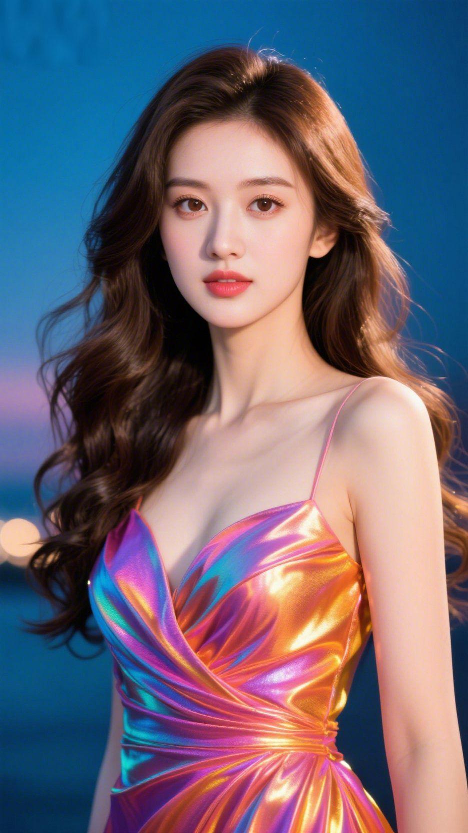 霓虹落晚风晚风吹皱了深海的蓝，裙裾上的流光揉碎了晚霞的绮，紫与金的晕染，是