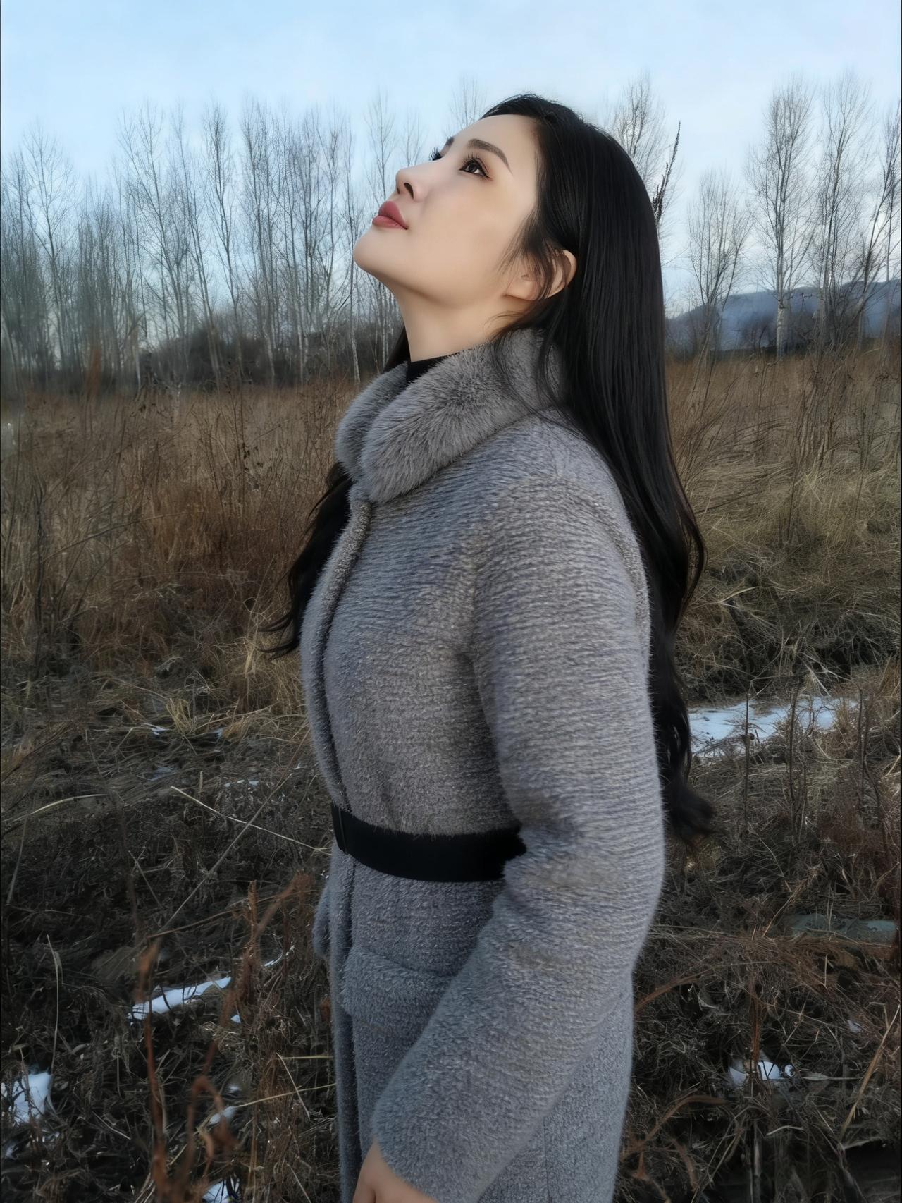 她仰起脸，像株等待雪的麦子灰大衣裹住了半季的风枯草在脚下燃烧成灰烬远处的树