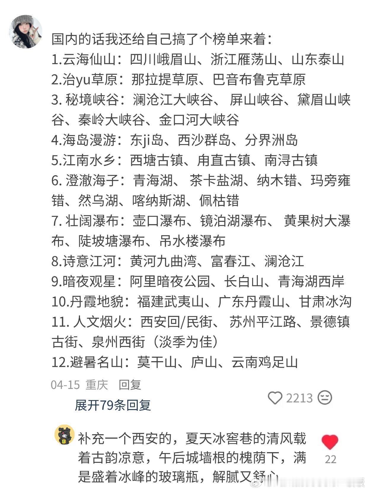 网友分享的国内的旅游地点天花板