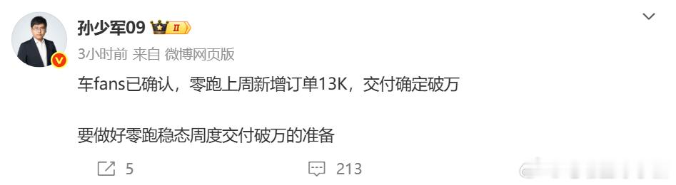 分享上周新增订单数据：-零跑13K，交付确定破万-小米11K-鸿蒙智行