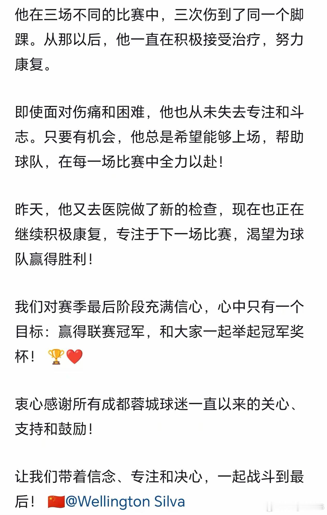 关于威灵顿席尔瓦的伤情成都蓉城中超联赛一起登场​​​