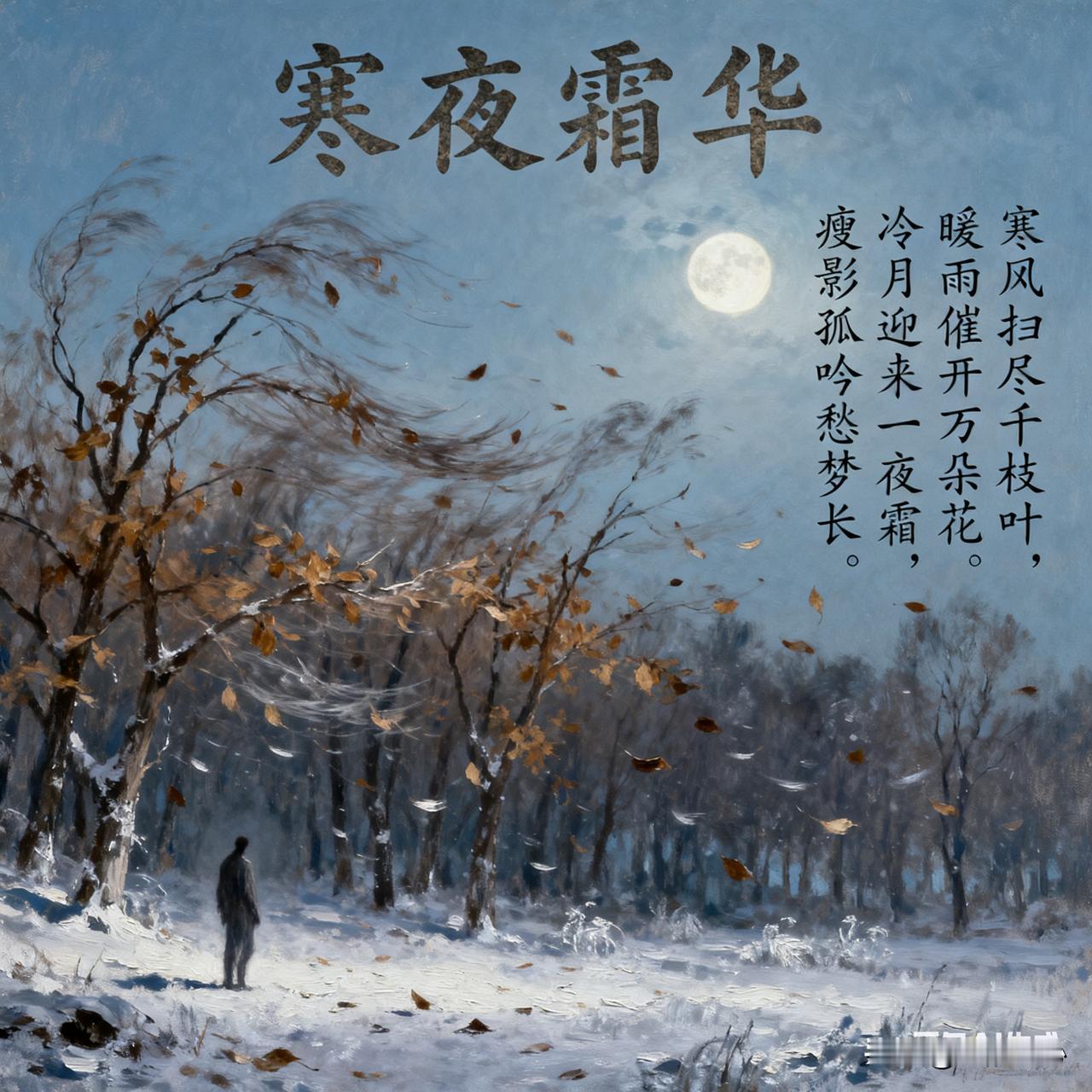 《寒夜霜华》乐韵诗心原创诗词:寒风扫尽千枝叶，暖雨催开万朵花。冷月迎来一夜