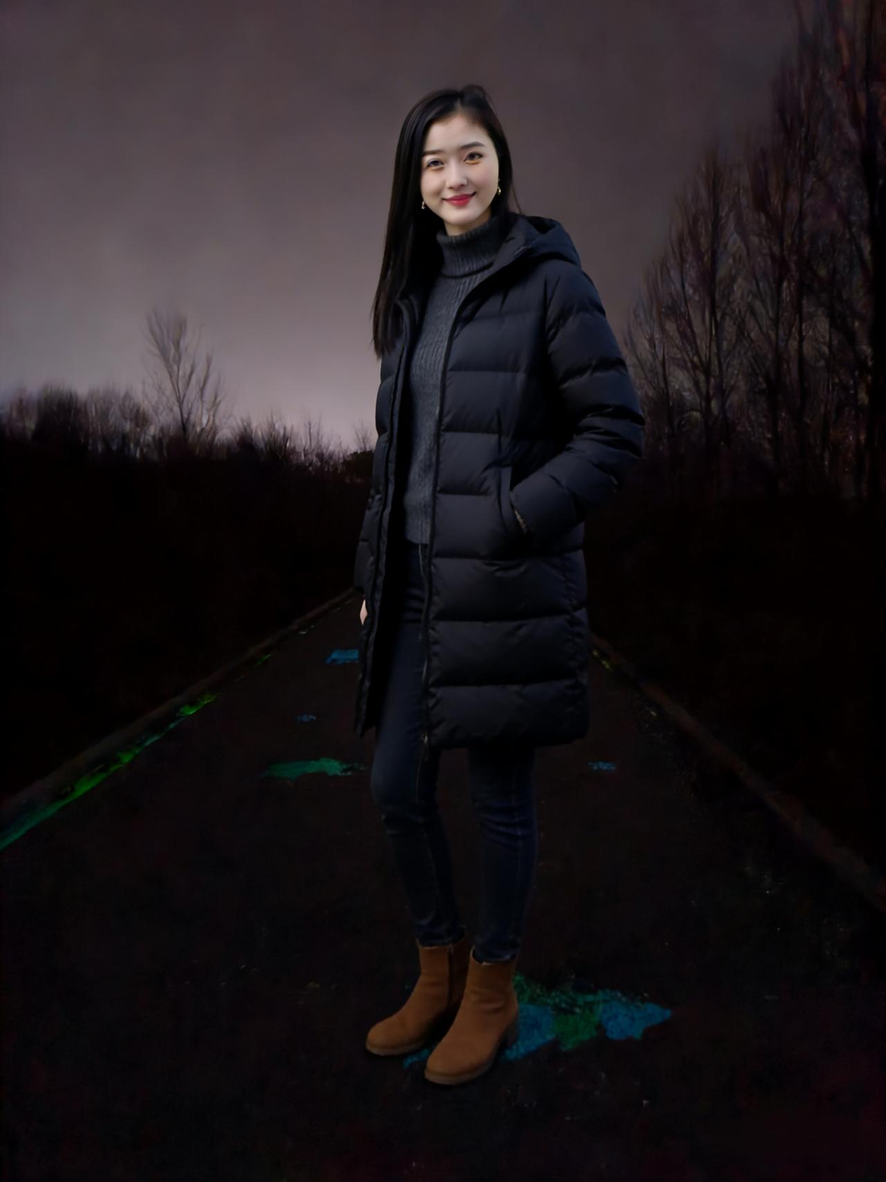 深蓝大衣裁夜色，灰绒高领绾清寒。黑靴踏碎灯前影，素手垂凝风里欢。遥岸光浮星点