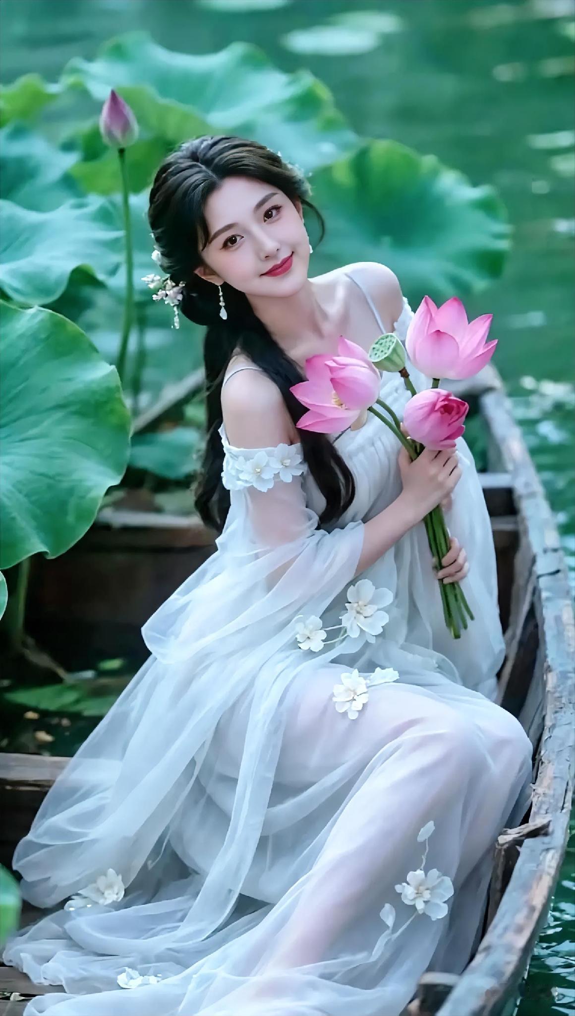 仙气飘飘的少女与粉荷相映成趣，唯美如画Ai创意作品分享AI荷塘美人图A