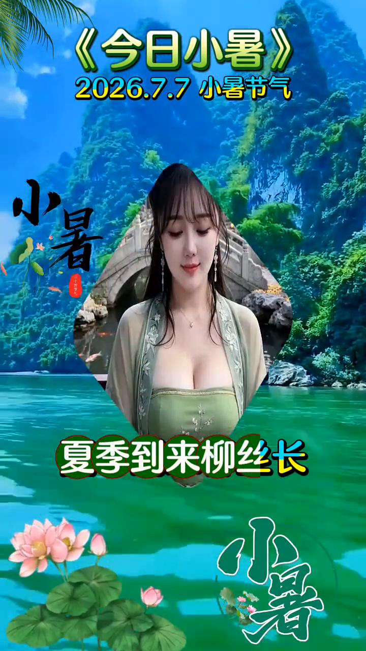 《今日小暑》。2026.7.7小暑节气。夏季到来柳丝长，大姑娘漂泊到长江。江南