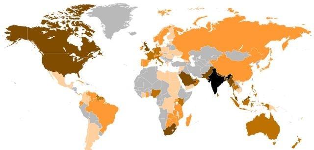 根据印度外交部最新统计：全球共有3540万印度人居住在印度以外，另外每年有250