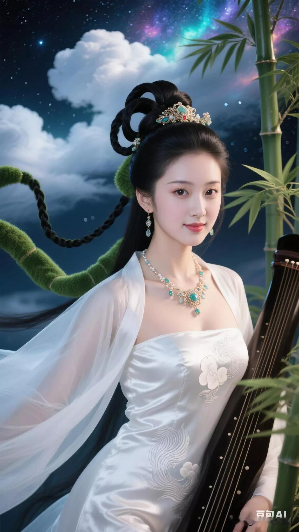 穿越时空的仙女，竹林间弹奏古筝，唯美如画。张立启原创书画AI作品古仕女发髻集锦第
