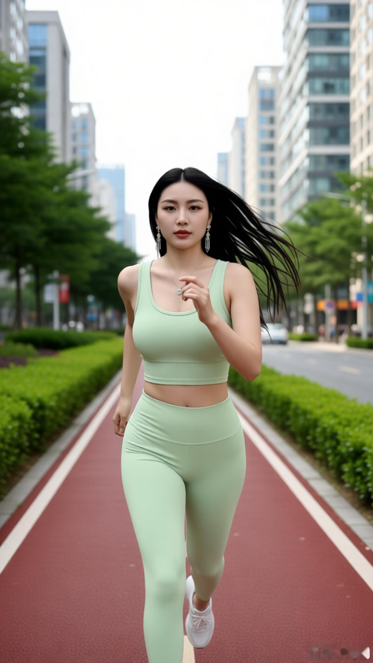 苏念念小姐姐穿着一身清爽的浅绿运动套装，踩着轻快的步子跑着。长发在风里飘起来，耳