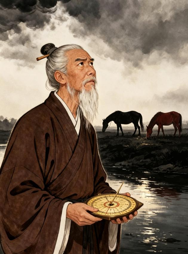 一日，唐太宗带袁天罡李淳风出游，见河对岸有红、黑二马。太宗让二人推算哪匹马先过河