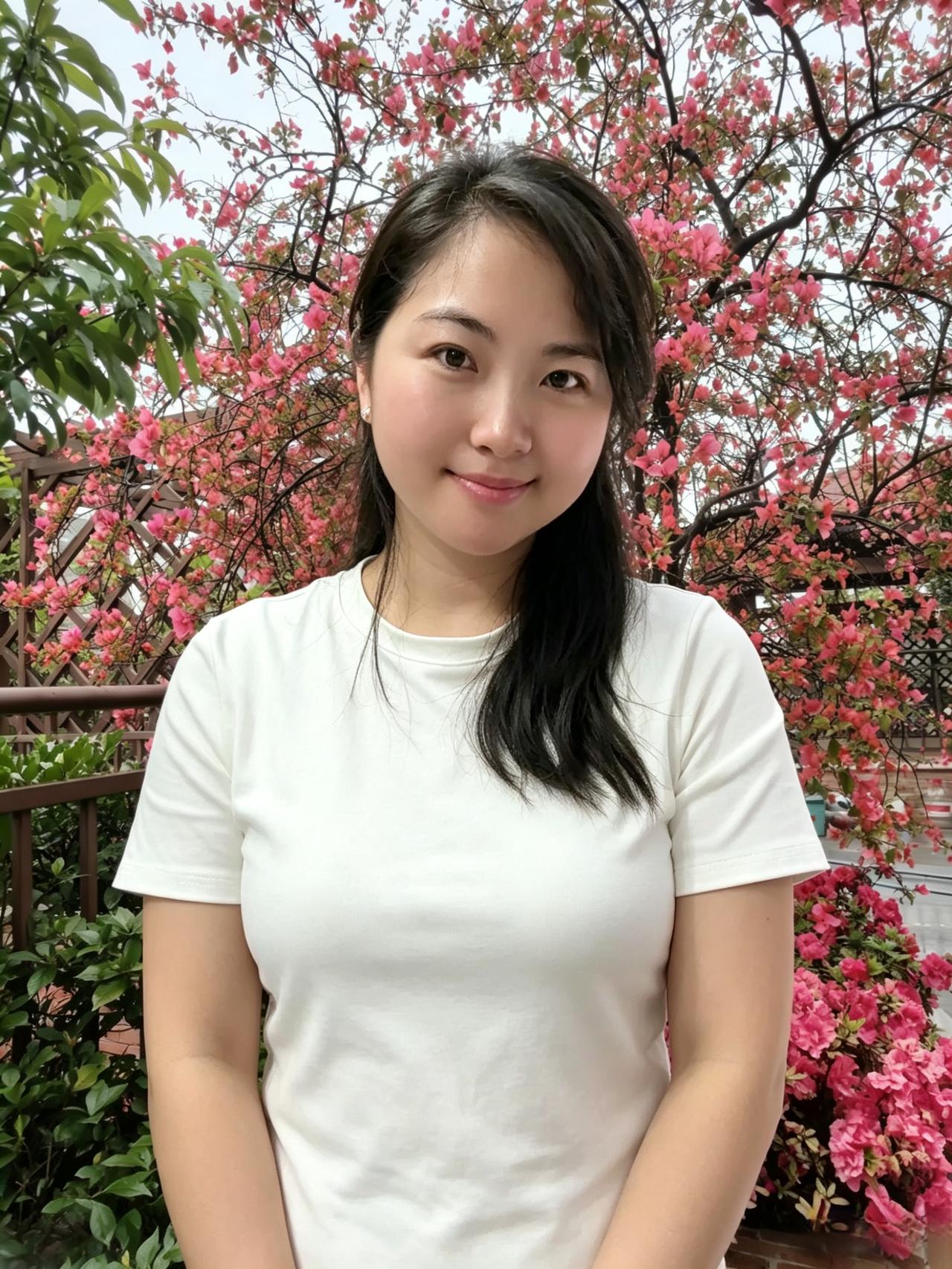 花枝绕成温柔的背景白衫衬得眉眼清甜笑起来时，眉眼弯弯是春日里最软的风把寻