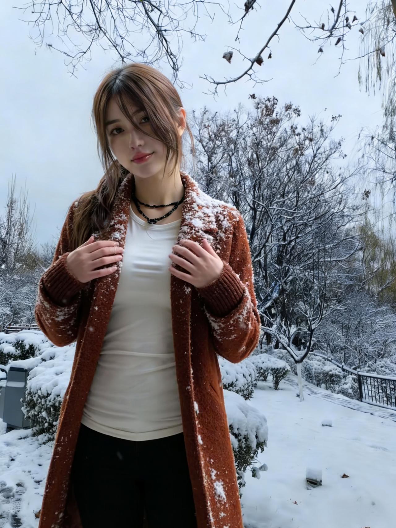 朔雪纷无际，佳人立晨昏。衣裁焦糖色，颈佩黑丝痕。手拂肩头雪，眸含陌上春。林