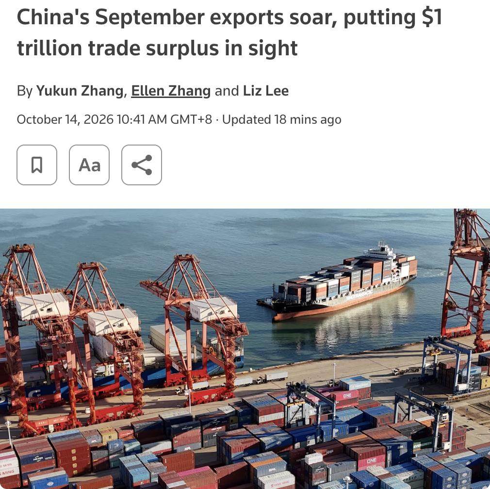 外媒：中国9月出口同比飙升36.3%，远超预期的25.5%和8月的25.0%，为