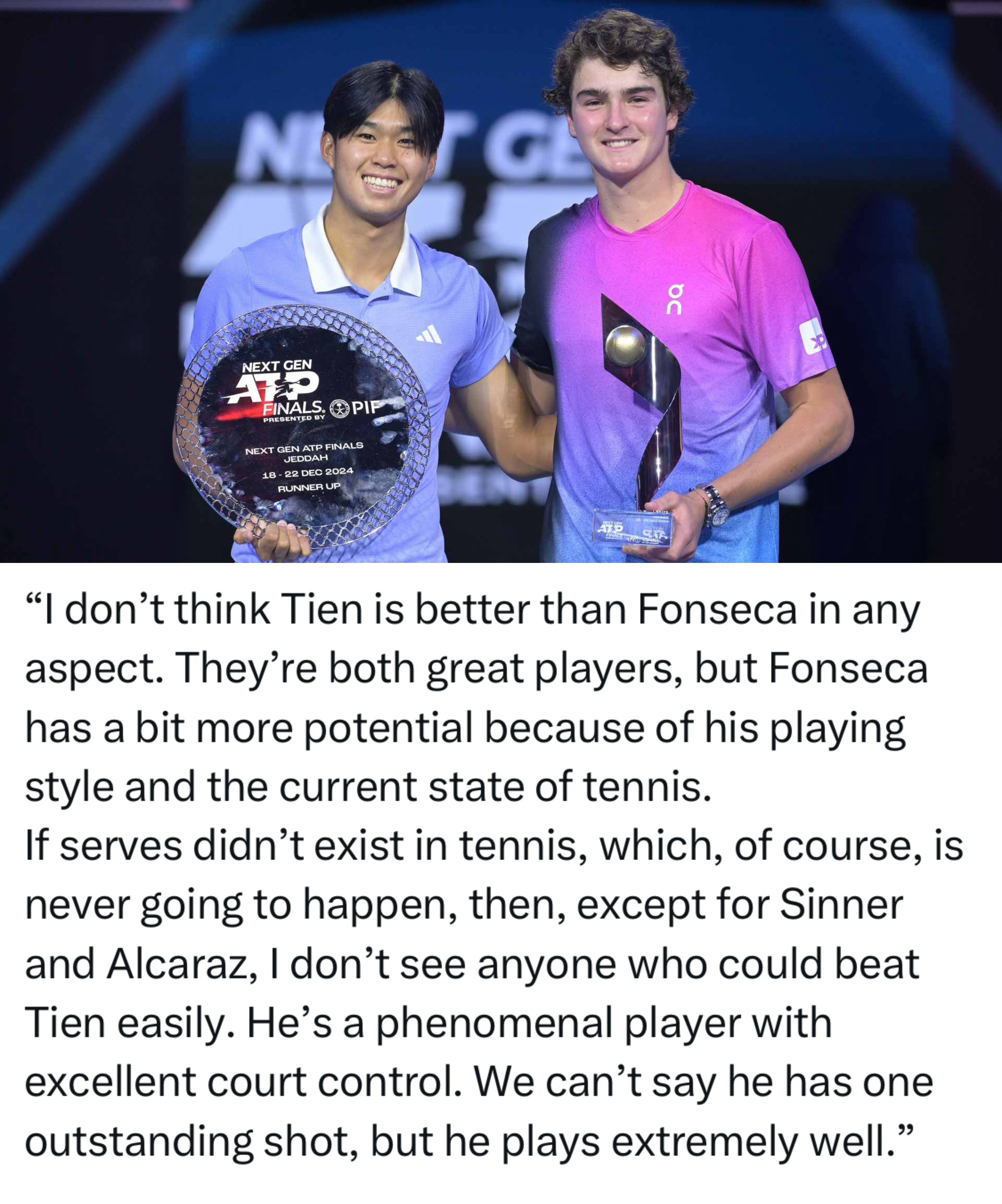 丰塞卡和勒纳·钱，这两个人似乎注定将成为一对被讨论很久的话题——同为19岁；打法